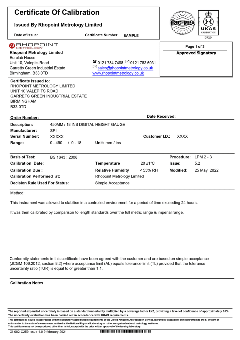 Rhopoint Metrology sample UKAS calibration certificate for digital height gauge page 1 of 3