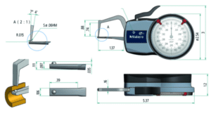 Mitutoyo External Dial Caliper Gauge (Inch) Including Diagrams of Dimensions and Jaws in Application