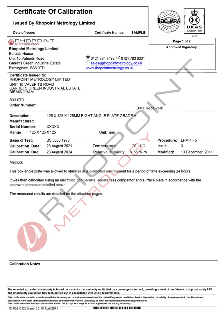 Sample of Rhopoint Metrology Angle Plate Calibration Certificate Page 1 of 2