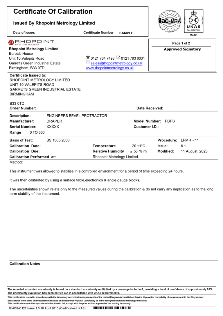 Rhopoint Metrology sample ukas calibration certificate for bevel protractor page 1 of 2