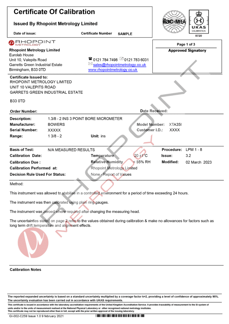 Rhopoint Metrology sample UKAS calibration certificate for bore gauges page 1 of 3