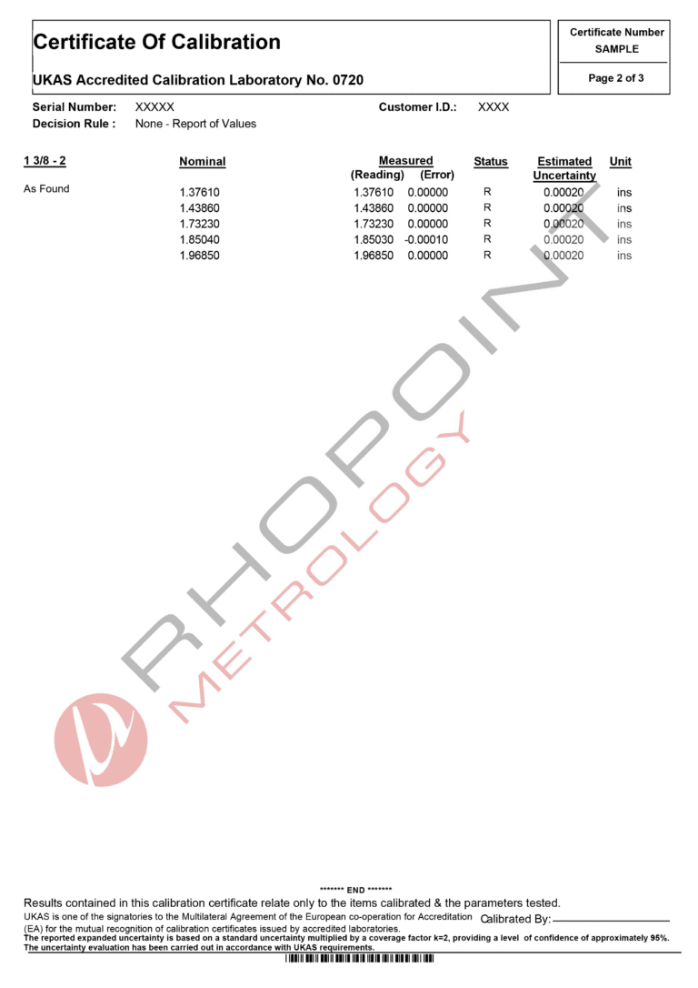 Rhopoint Metrology sample UKAS calibration certificate for bore gauges page 2 of 3