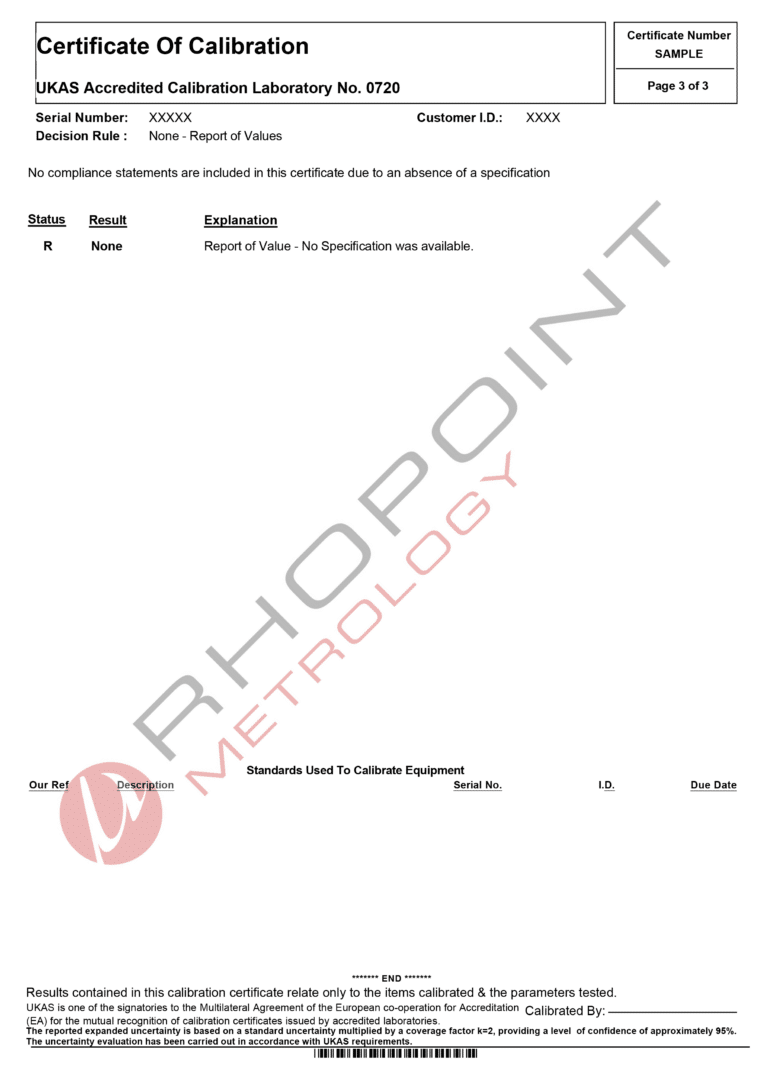 Rhopoint Metrology sample UKAS calibration certificate for bore gauges page 3 of 3