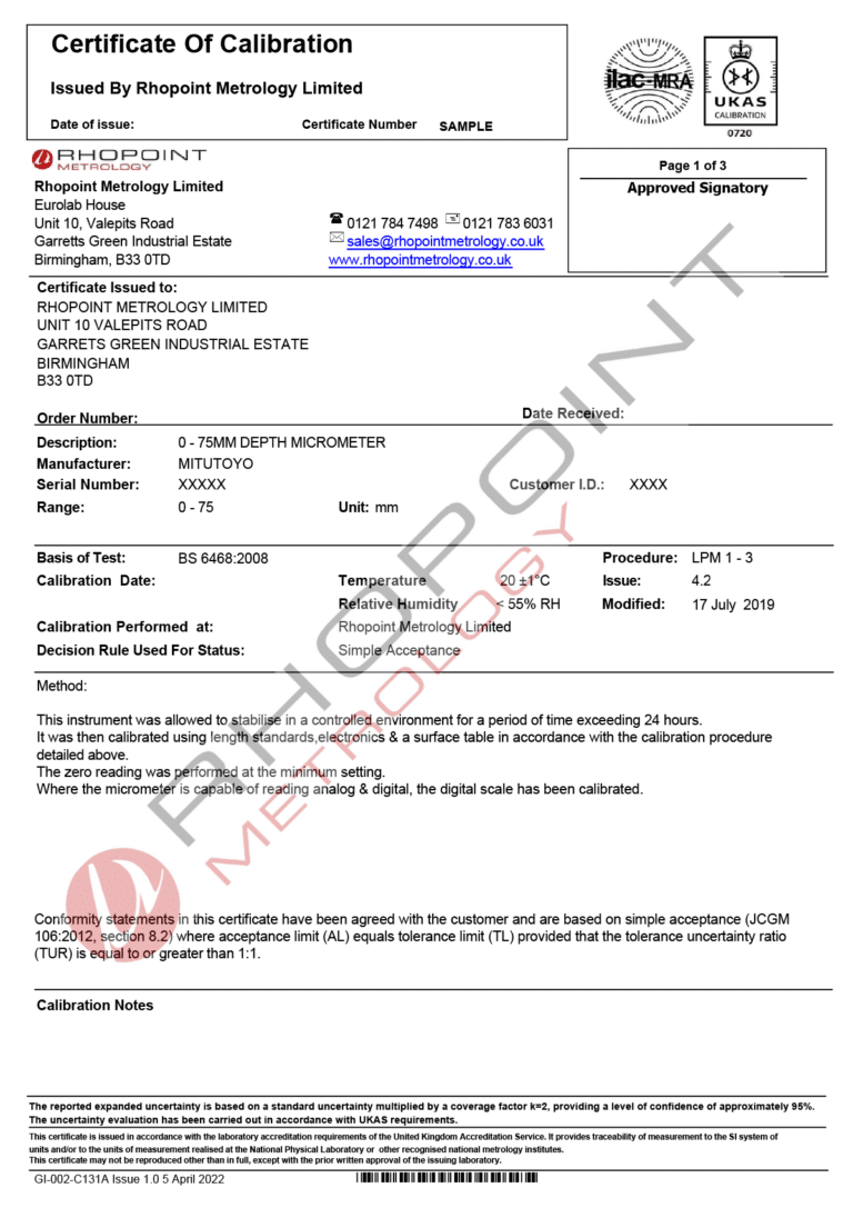 Rhopoint Metrology sample certificate for depth micrometer page 1 of 3