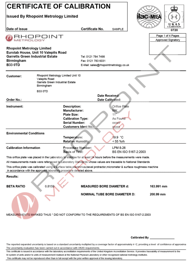 Rhopoint Metrology sample calibration certificate for orifice plate page 1 of 4