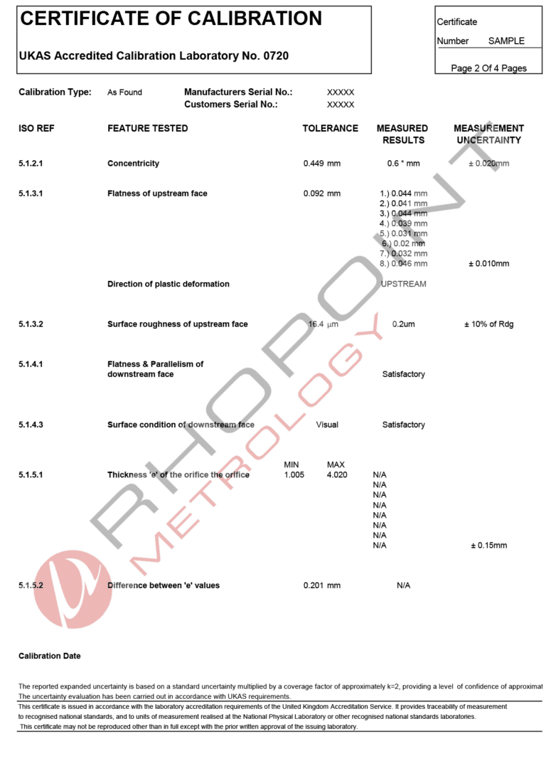 Rhopoint Metrology sample calibration certificate for orifice plate page 2 of 4