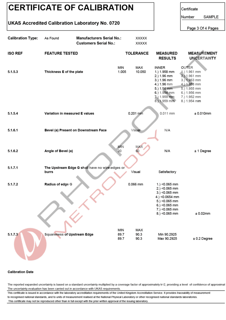 Rhopoint Metrology sample calibration certificate for orifice plate page 3 of 4