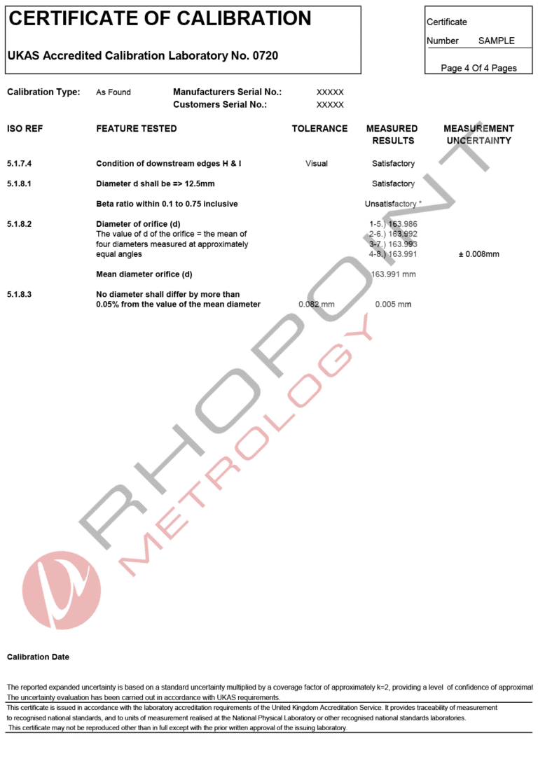 Rhopoint Metrology sample calibration certificate for orifice plate page 4 of 4