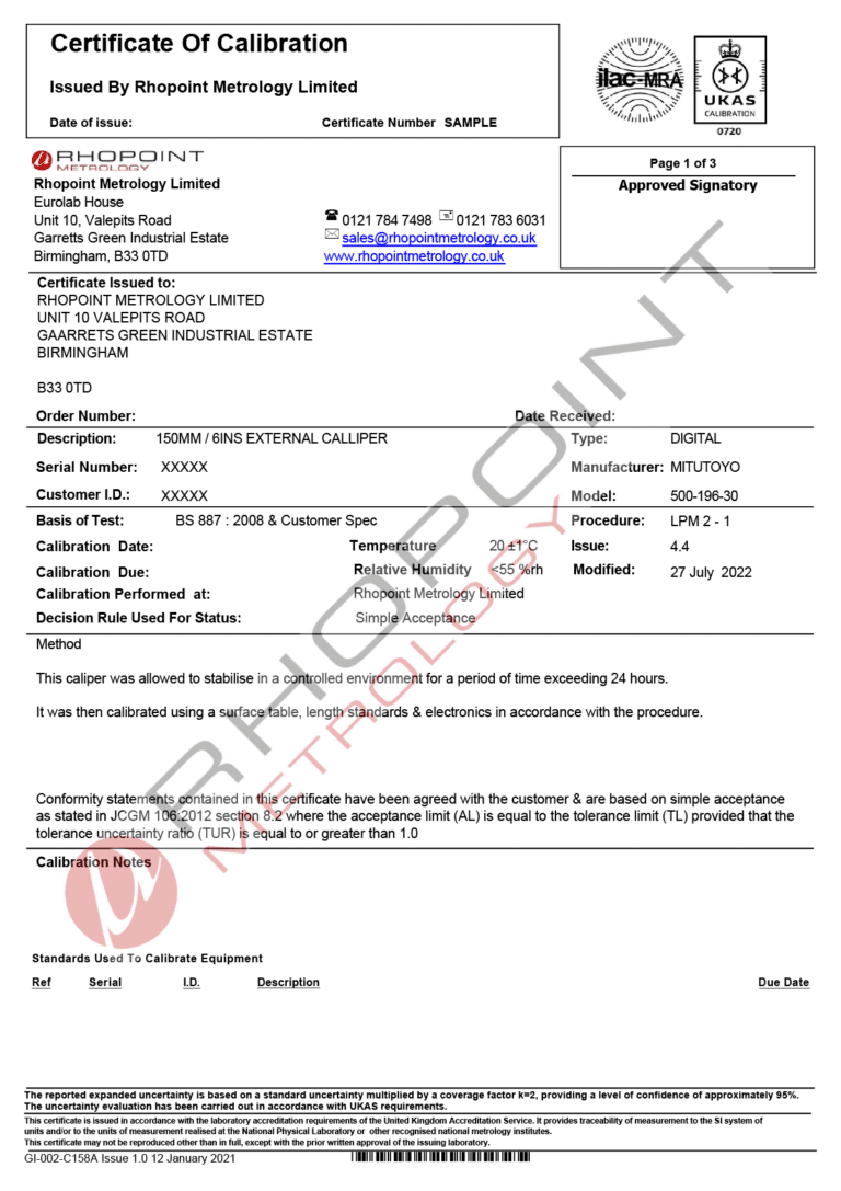 Rhopoint Metrology sample calibration certificate for vernier caliper page 1 of 3