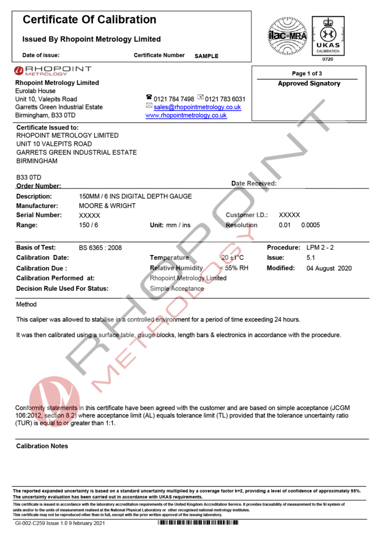 Rhopoint Metrology sample certificate for vernier depth gauge page 1 of 3