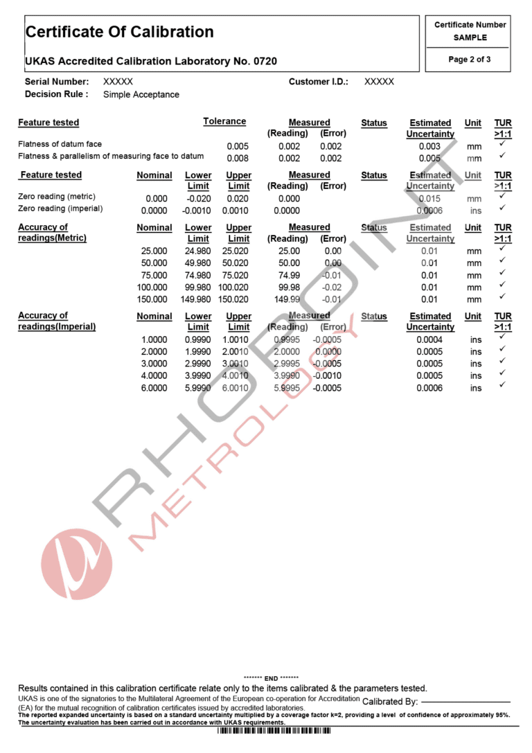 Rhopoint Metrology sample certificate for vernier depth gauge page 2 of 3