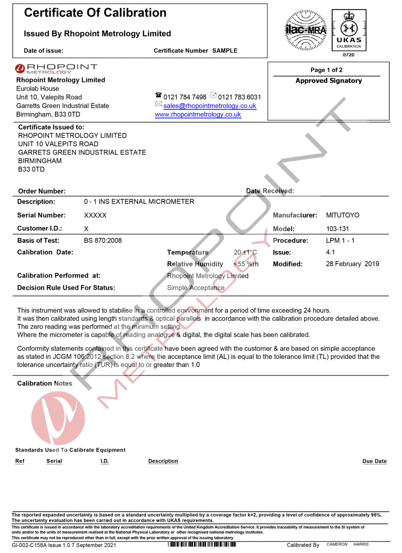 Rhopoint Metrology sample calibration certificate for external micrometer page 1 of 2