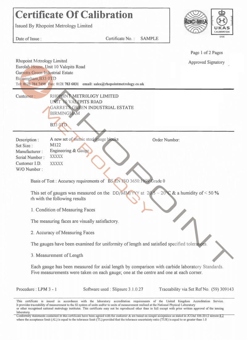 Rhopoint Metrology sample calibration certificate for metric gauge block set page 1 of 2