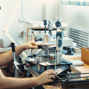 Technician calibrating transducer in laboratory