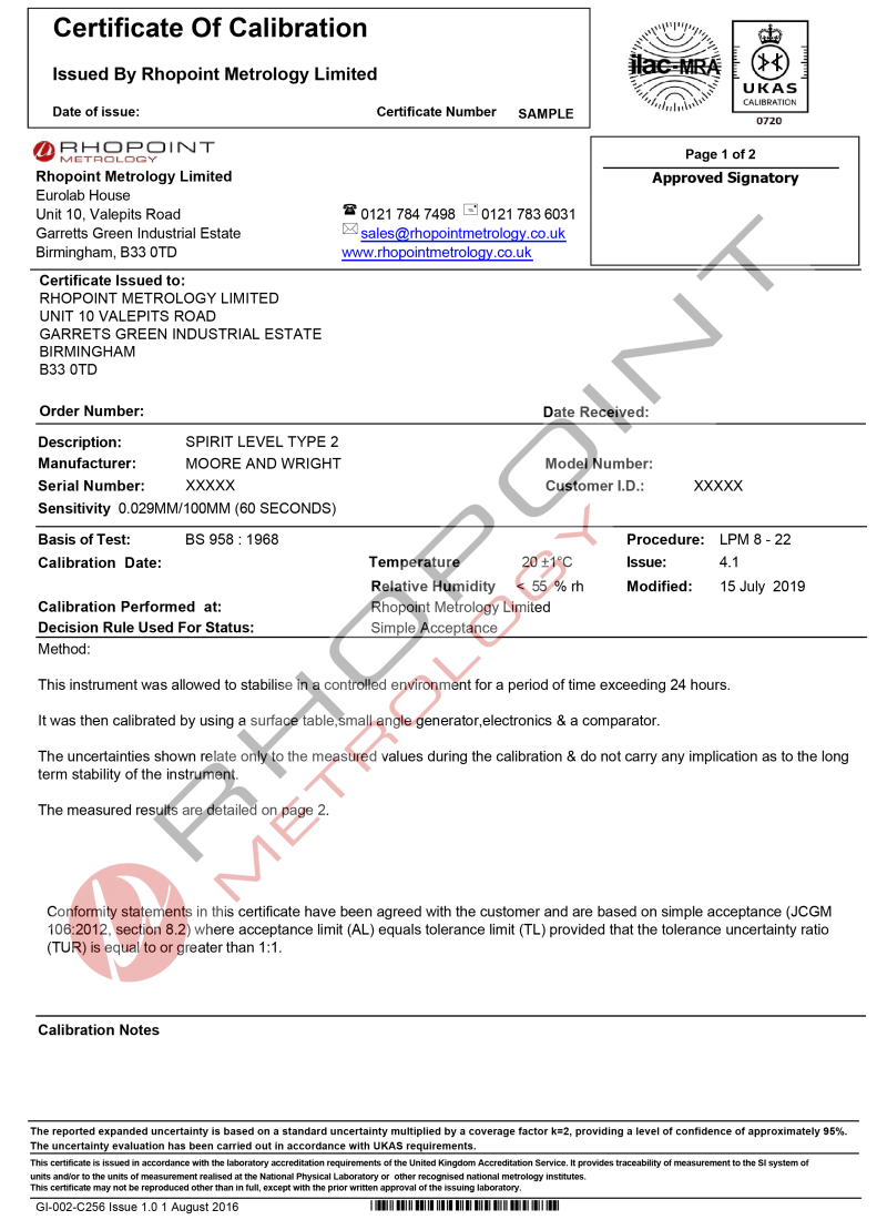 Rhopoint Metrology sample calibration certificate for spirit level page 1 of 2