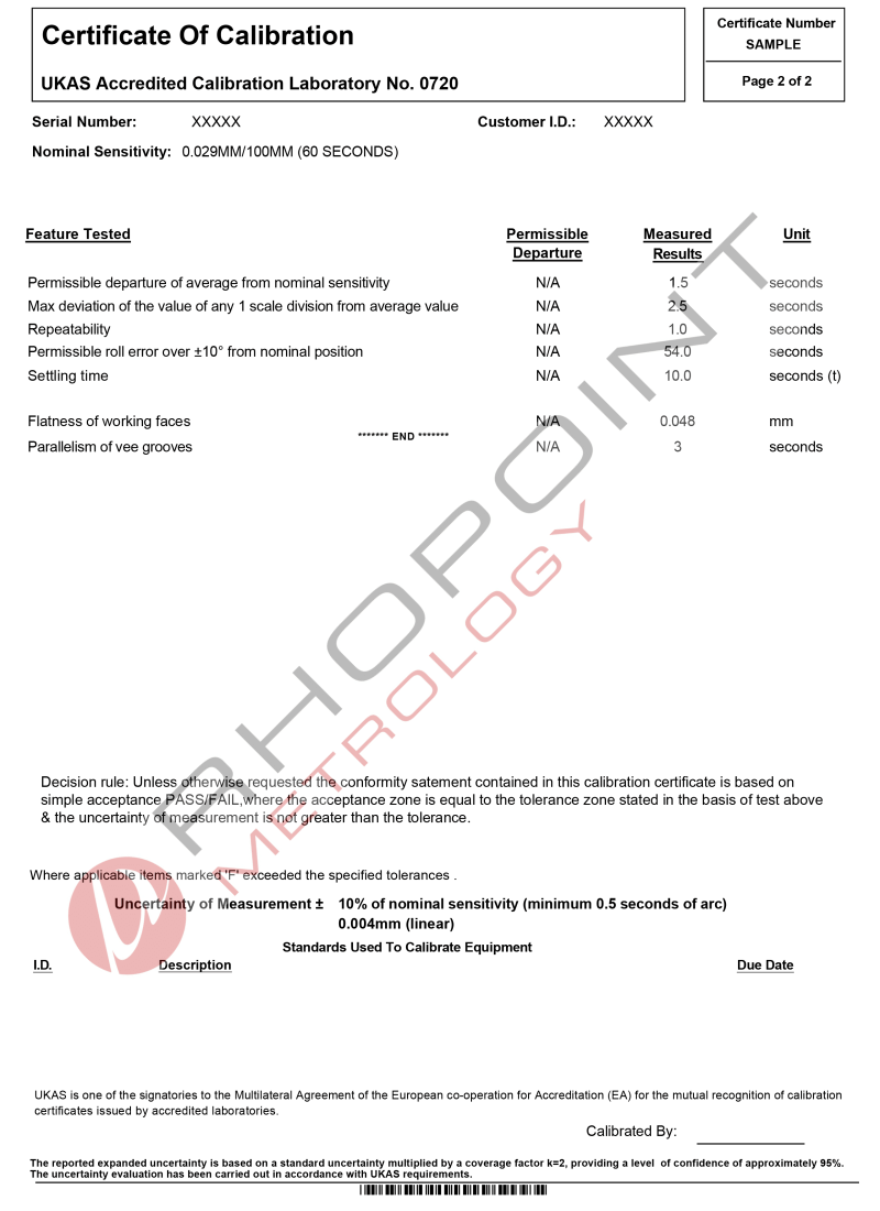 Rhopoint Metrology sample calibration certificate for spirit level page 2 of 2