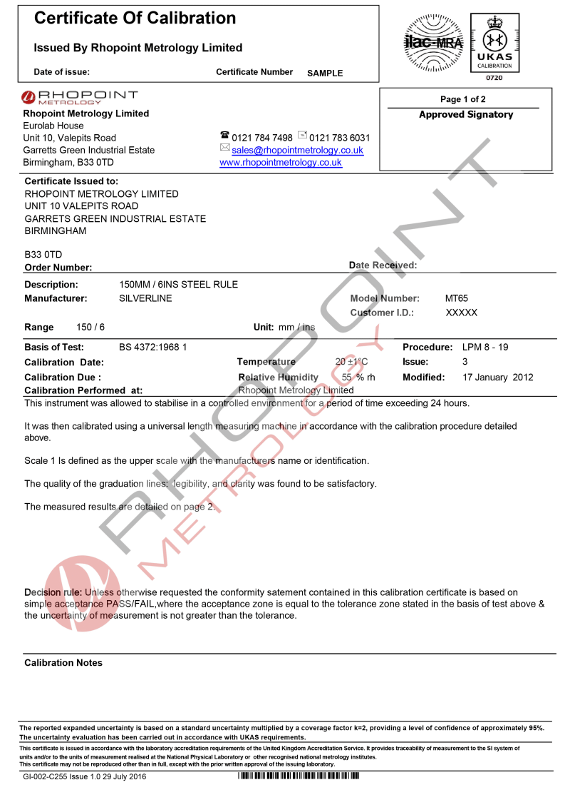 Rhopoint Metrology sample calibration certificate for engineers steel rule page 1 of 2