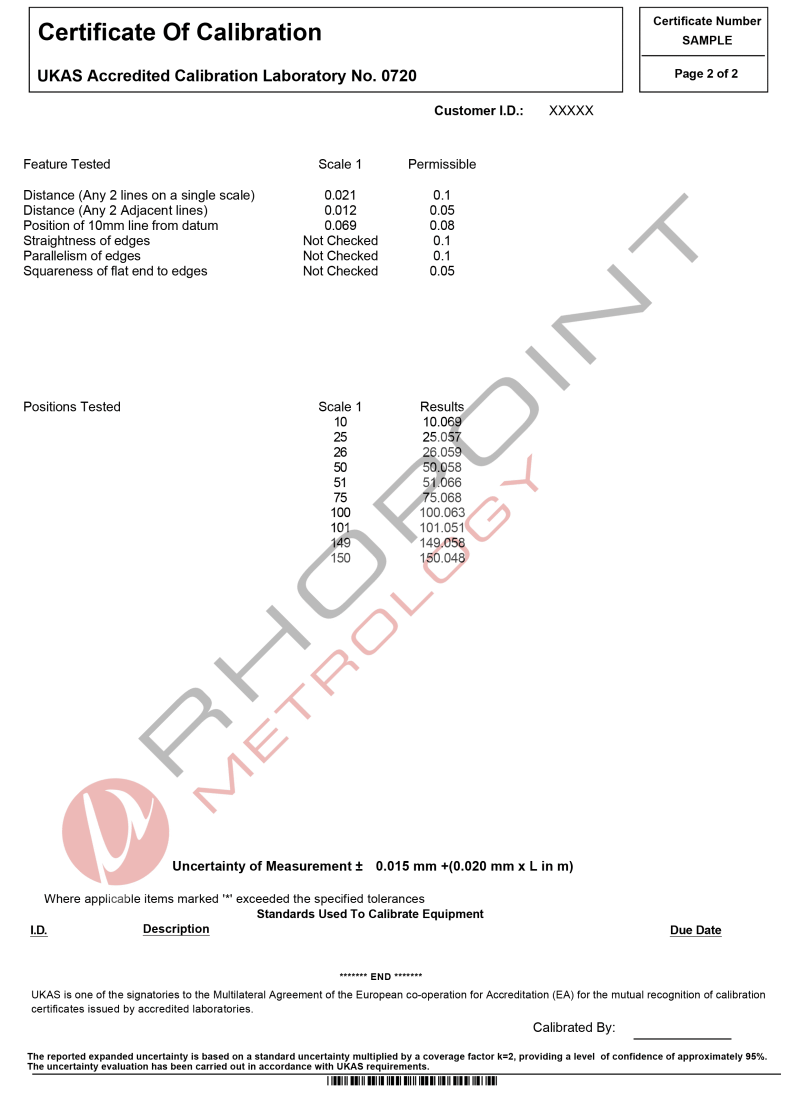 Rhopoint Metrology sample calibration certificate for engineers steel rule page 2 of 2